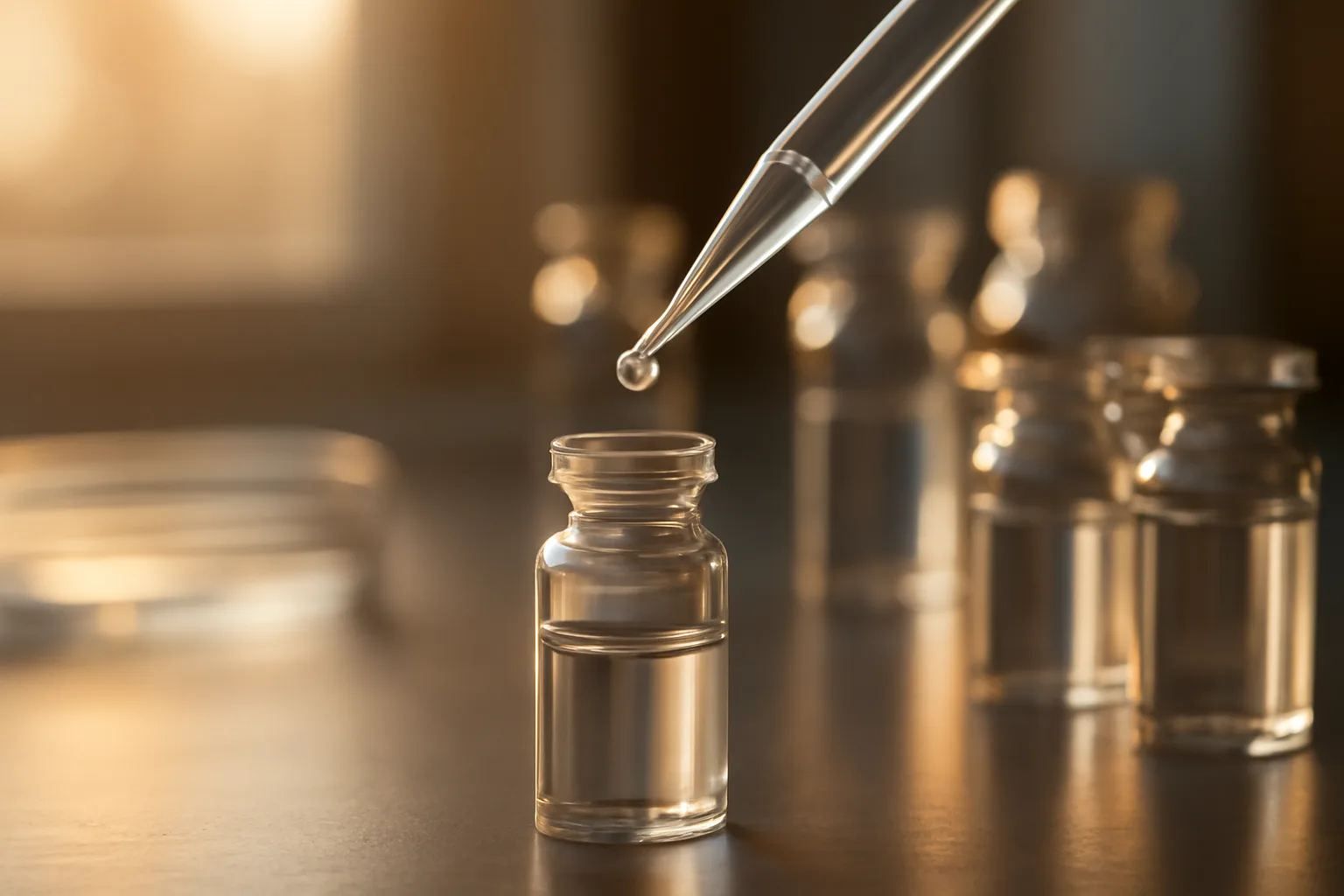 Lab vials and pipette on a bench comparing argireline and copper peptide research