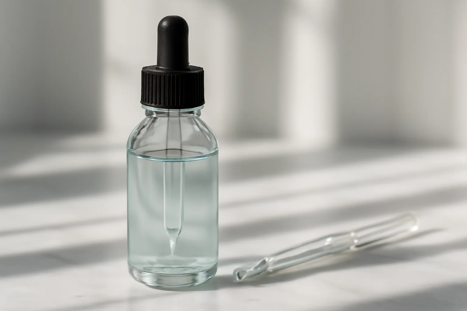 Clear dropper bottle with copper peptide serum on marble counter in natural light