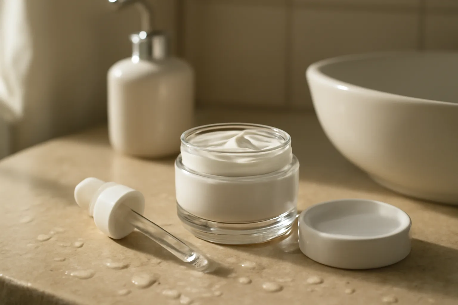 Unlabeled glass jar of copper peptide cream on a sunlit bathroom counter