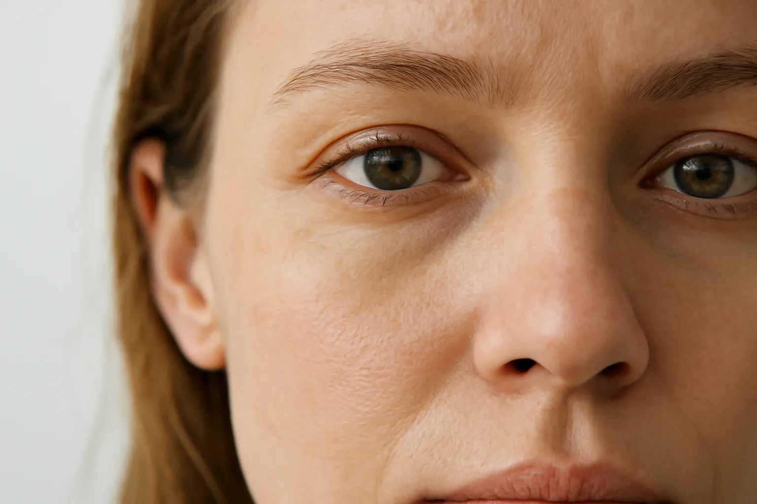 Close-up of eye area showing natural skin texture for copper peptide eye cream discussion