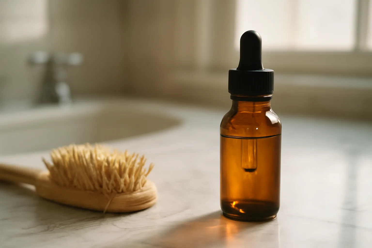 Amber dropper bottle on a bathroom counter beside a hairbrush in morning light