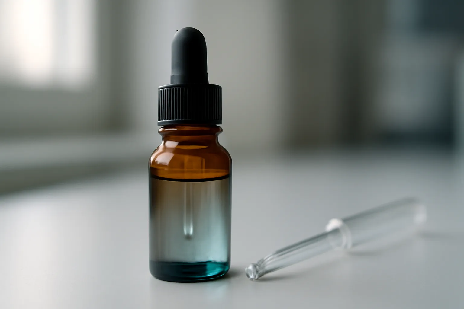 Amber dropper bottle with blue-tinted copper peptide serum on a lab bench