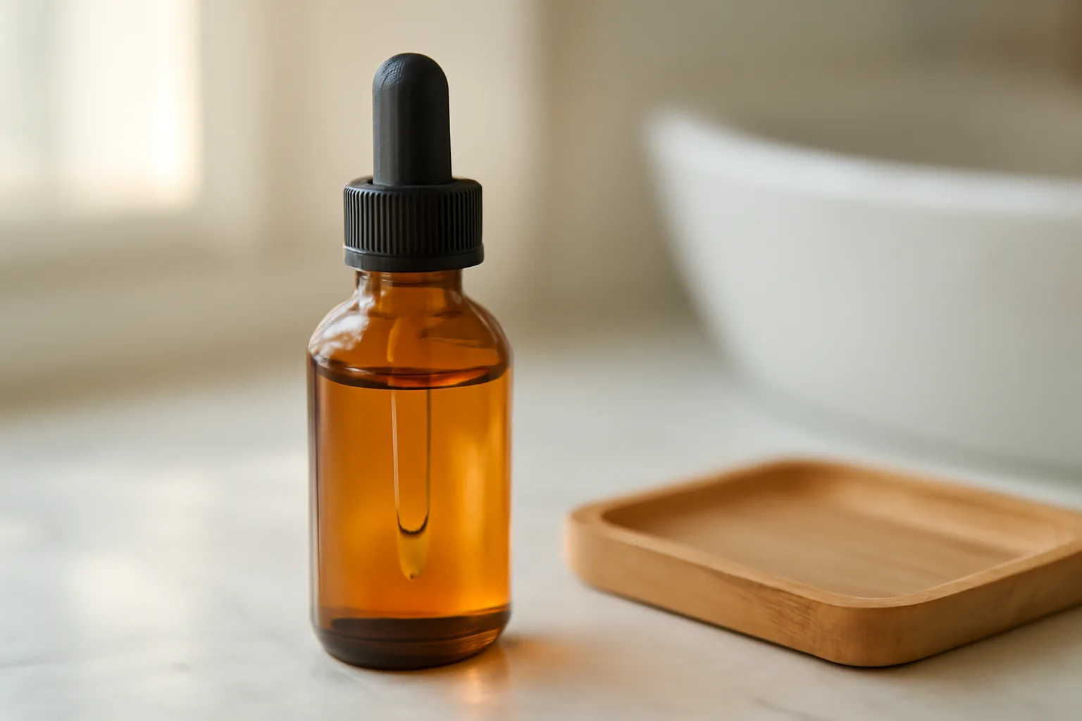 Amber serum bottle on marble counter in natural morning light, copper peptide hair treatment context