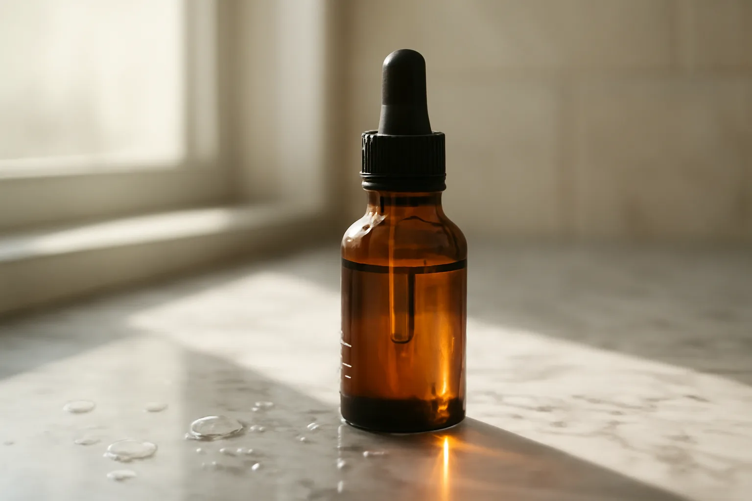 Amber dropper bottle suggesting a copper peptide serum for face on a bathroom counter