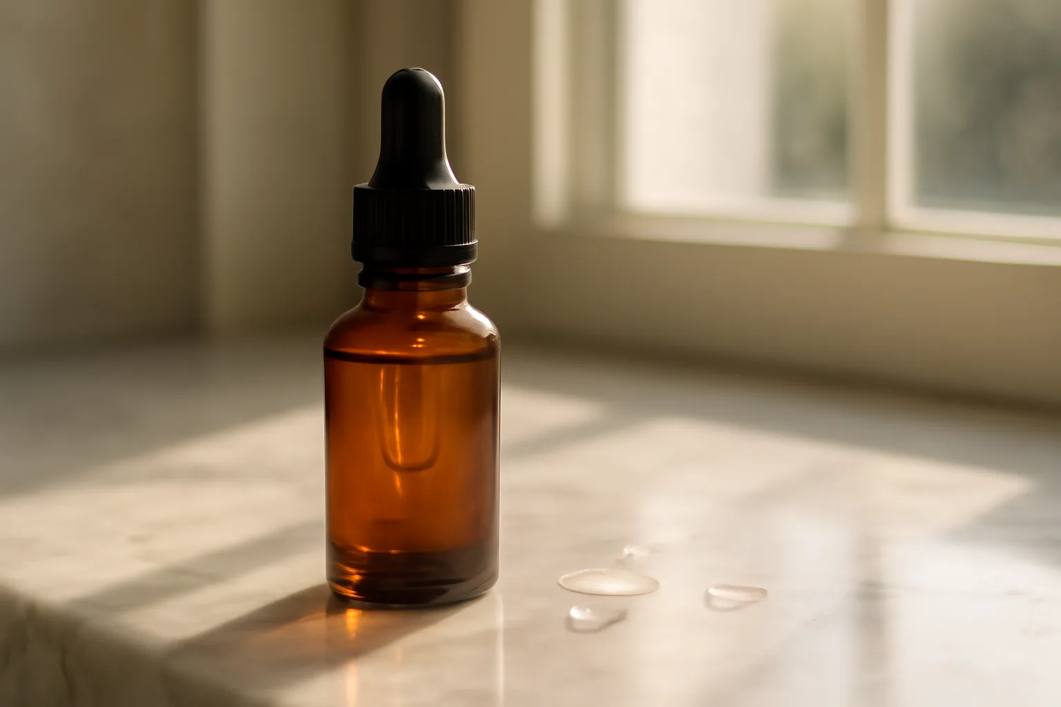 amber dropper bottle suggesting a copper peptide serum on a bathroom counter