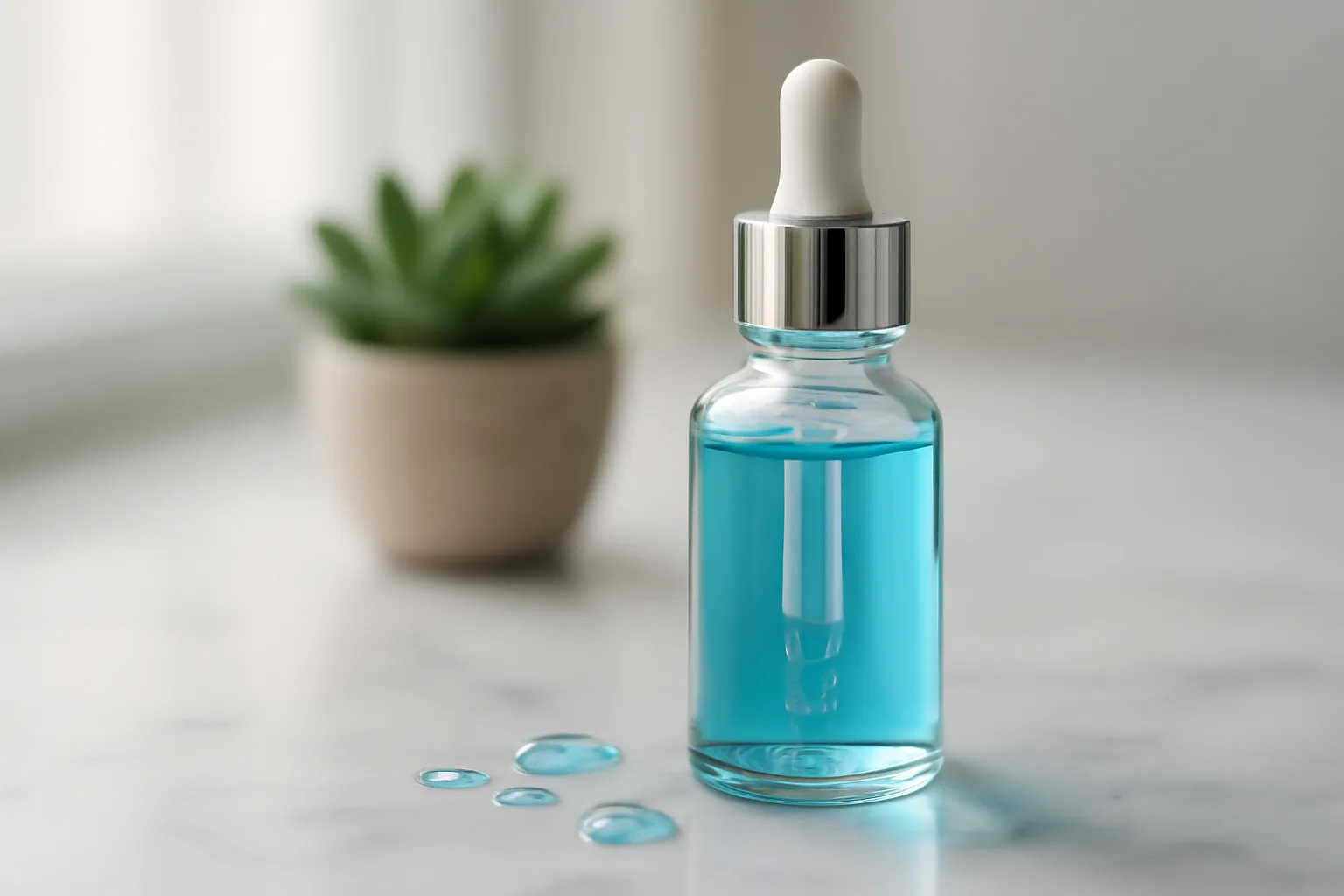 Copper peptide serum bottle on marble surface in natural light