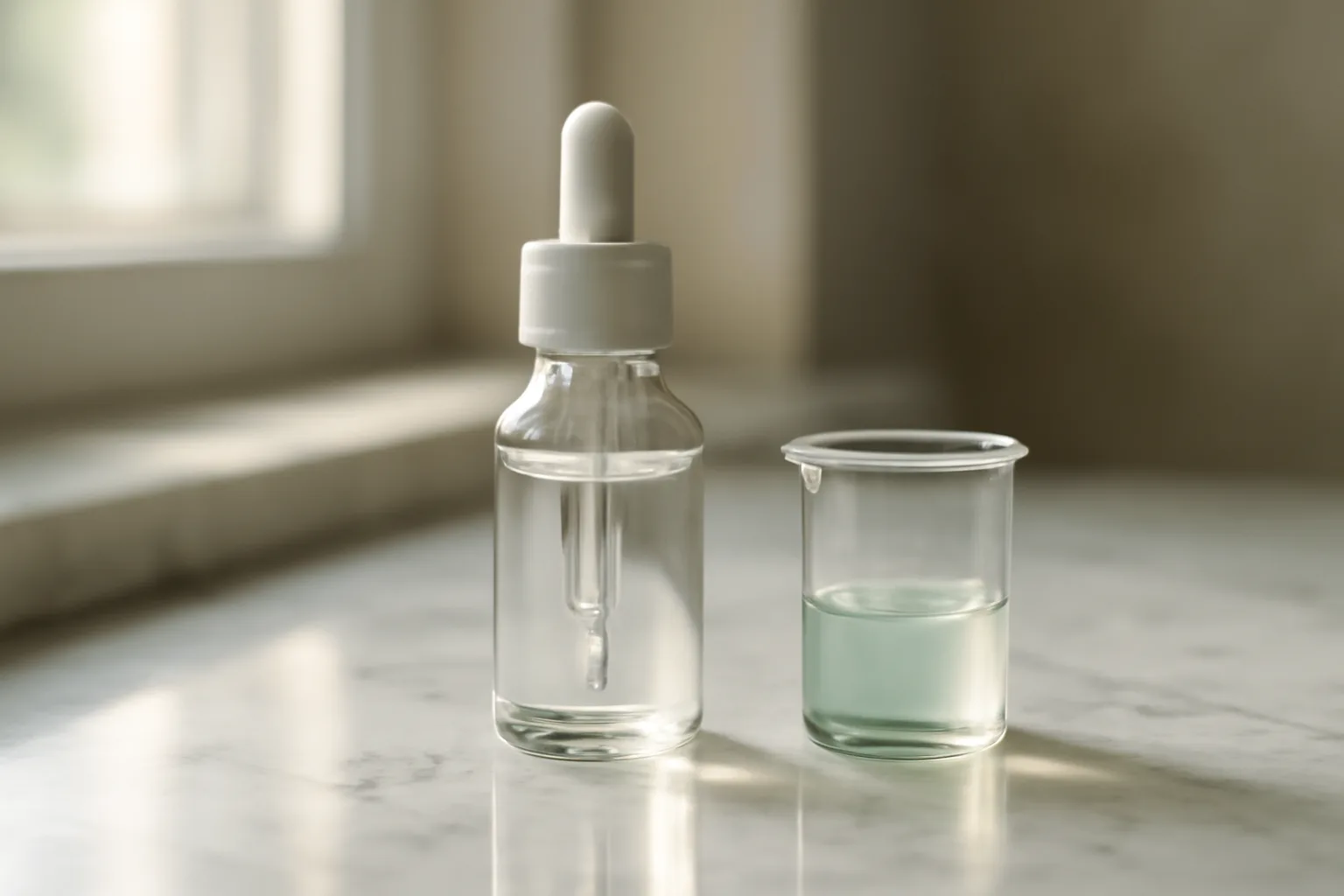 Amber dropper serum bottle beside a beaker of blue-green copper peptide solution