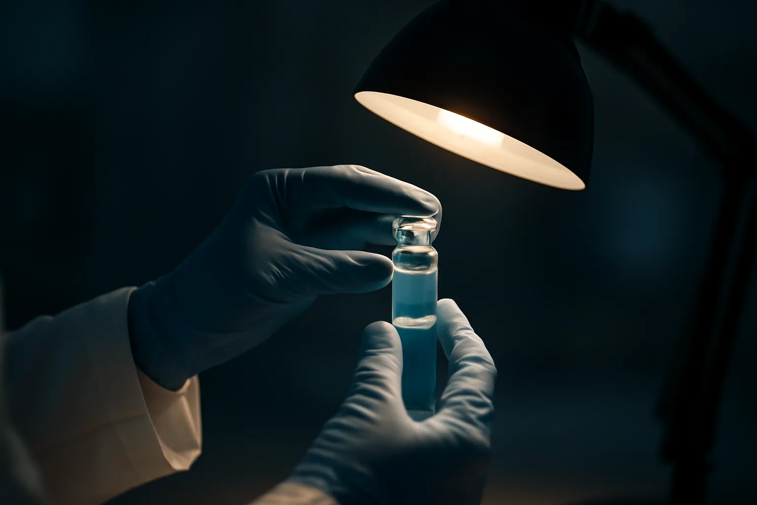 Gloved hands examining a blue-tinted copper peptide vial under lab light