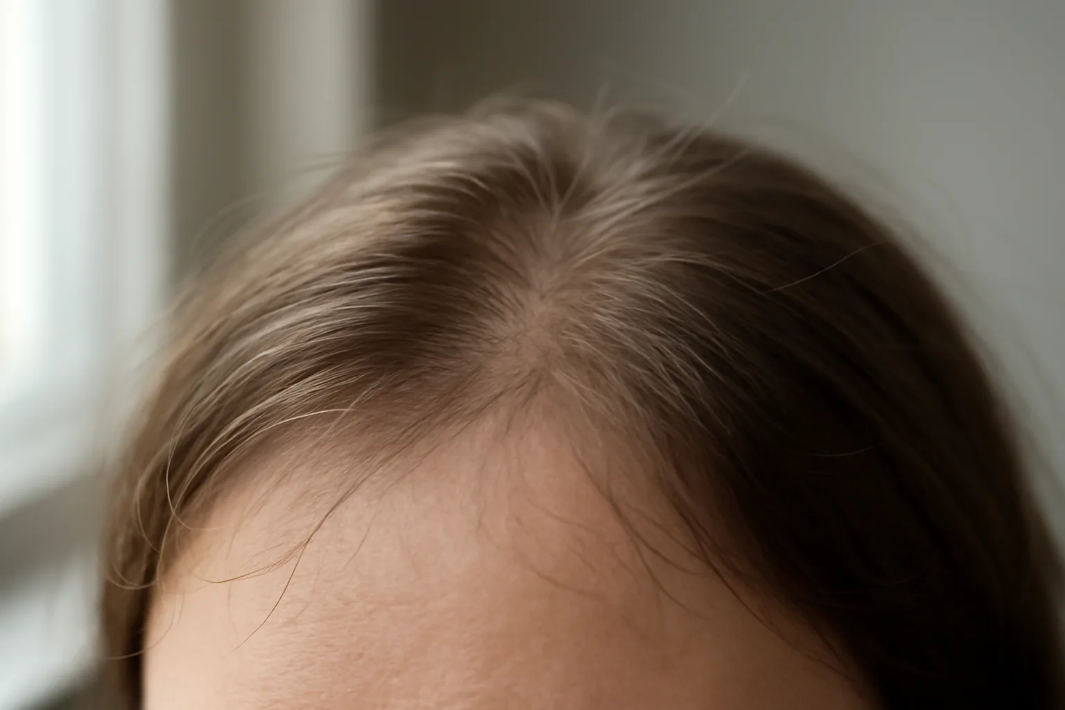 Close-up of human scalp and hair strands under natural light