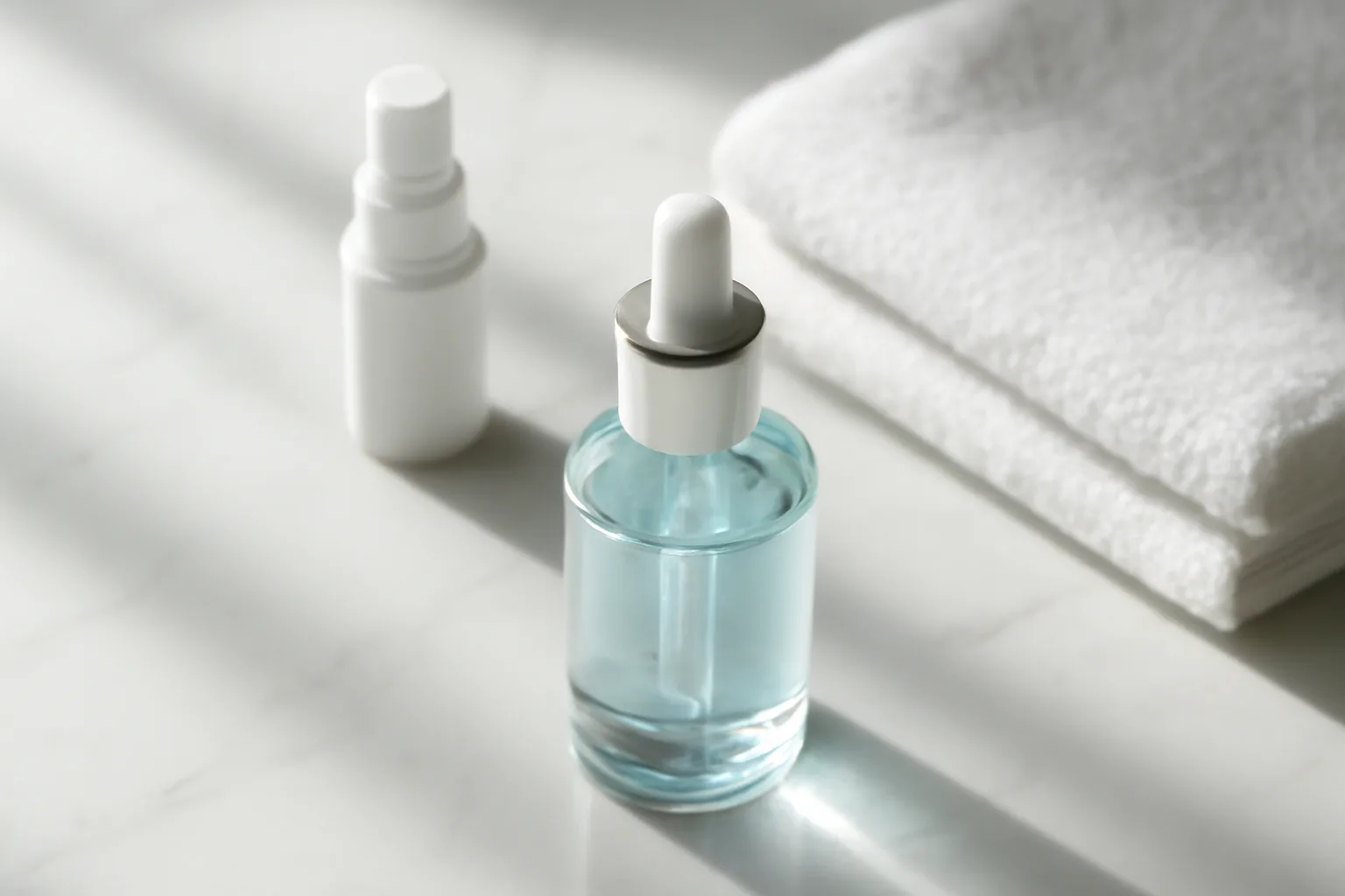 GHK-Cu serum bottle and applicators on marble counter in natural light
