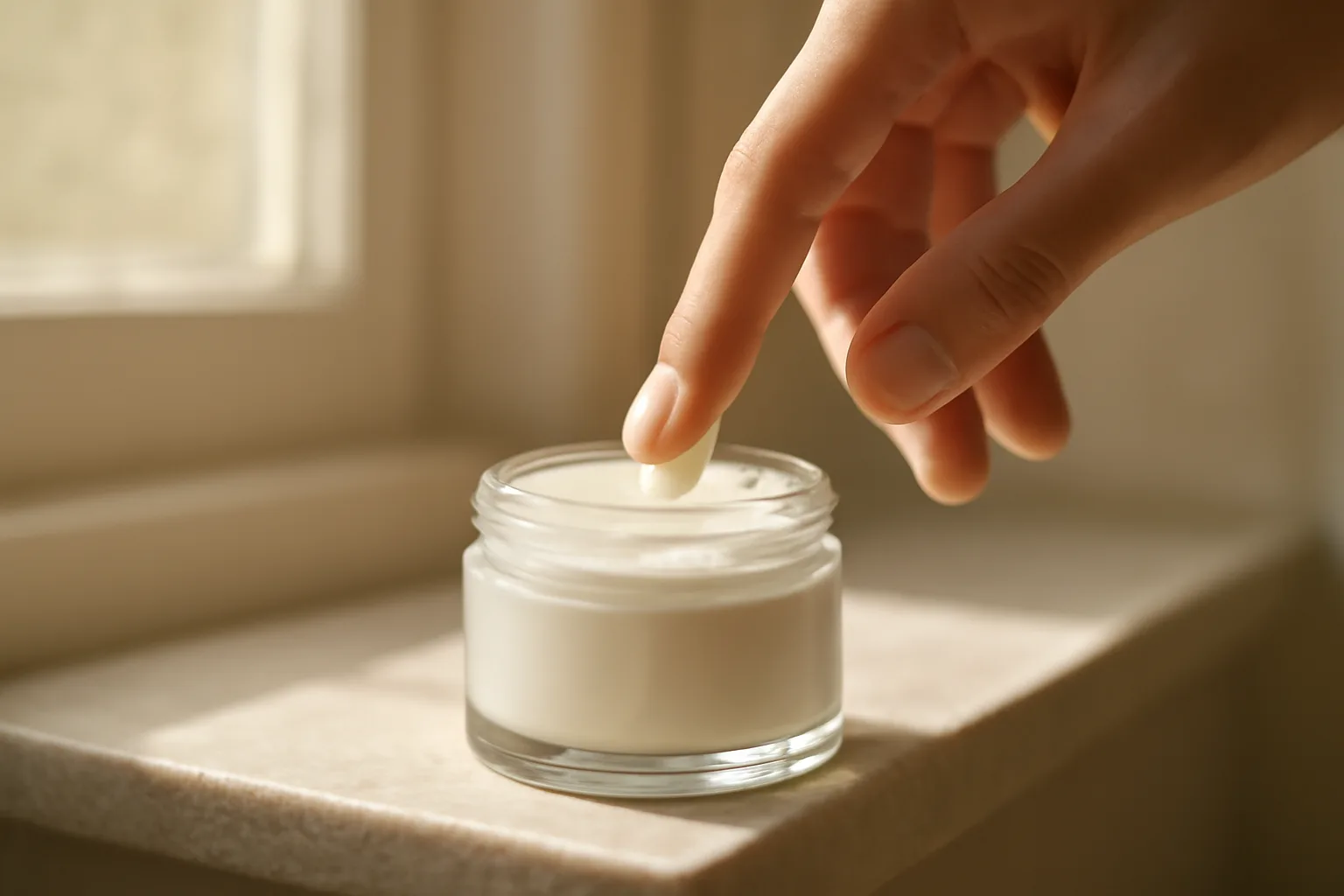 Unlabeled jar of face cream with copper peptides on a sunlit bathroom shelf