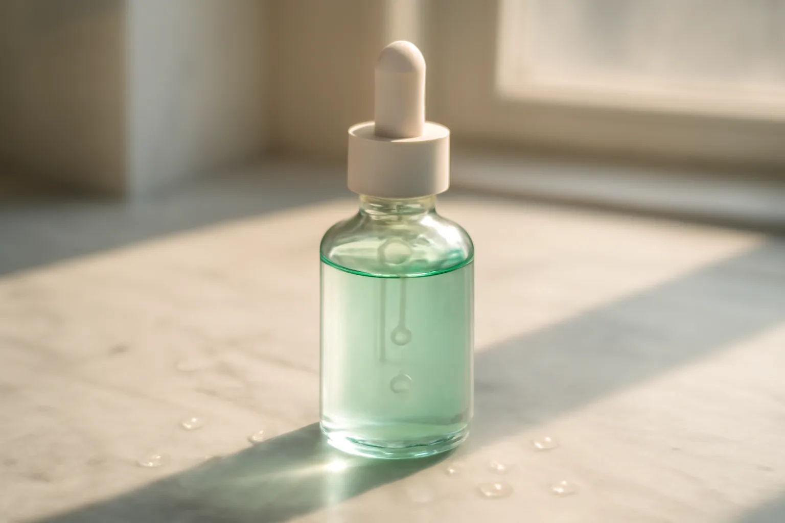 Dropper bottle of blue-green serum on marble counter suggesting a GHK-Cu peptide serum