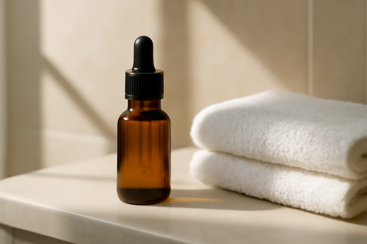 amber dropper bottle of serum on a sunlit bathroom shelf