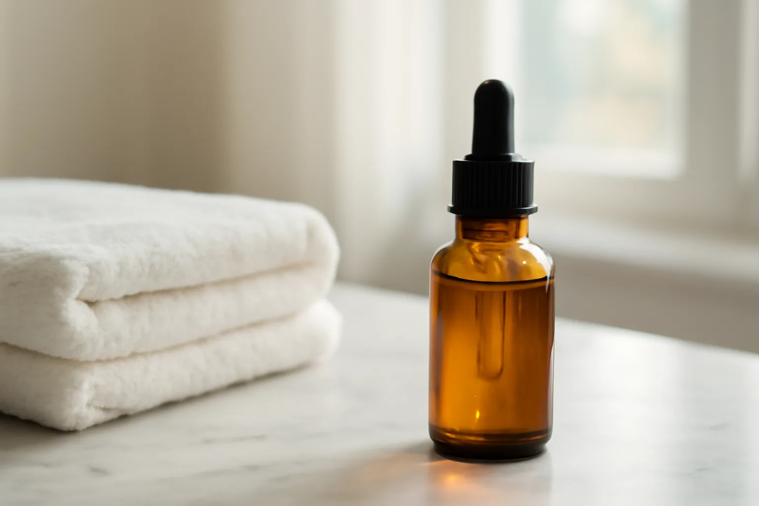 Amber dropper bottle suggesting a copper peptide serum on a marble counter
