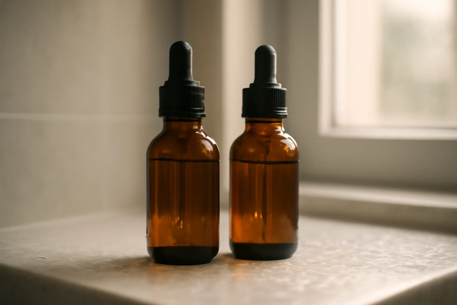Two unlabeled amber dropper serum bottles compared side by side on a shelf