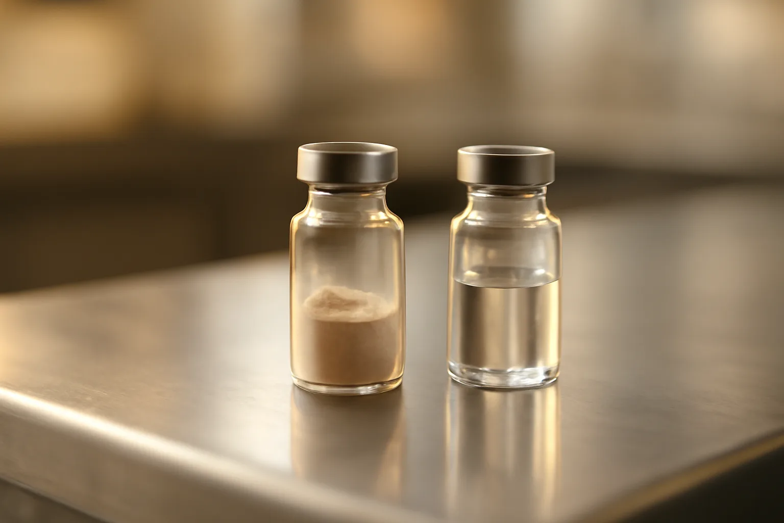 Two glass vials on a lab counter representing copper gluconate versus copper peptide comparison