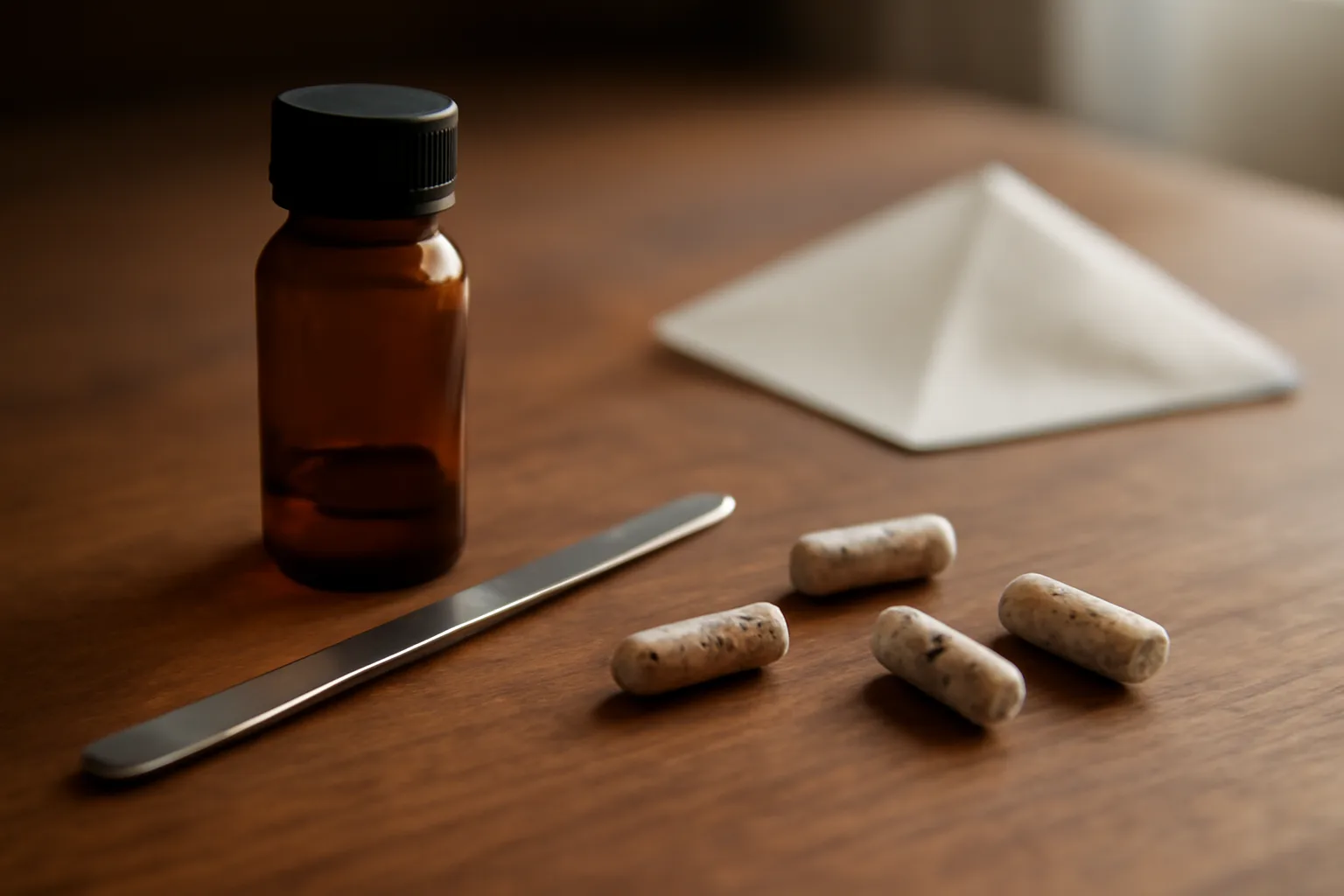 Amber glass vial and mineral capsules on a wooden bench representing copper compound comparison