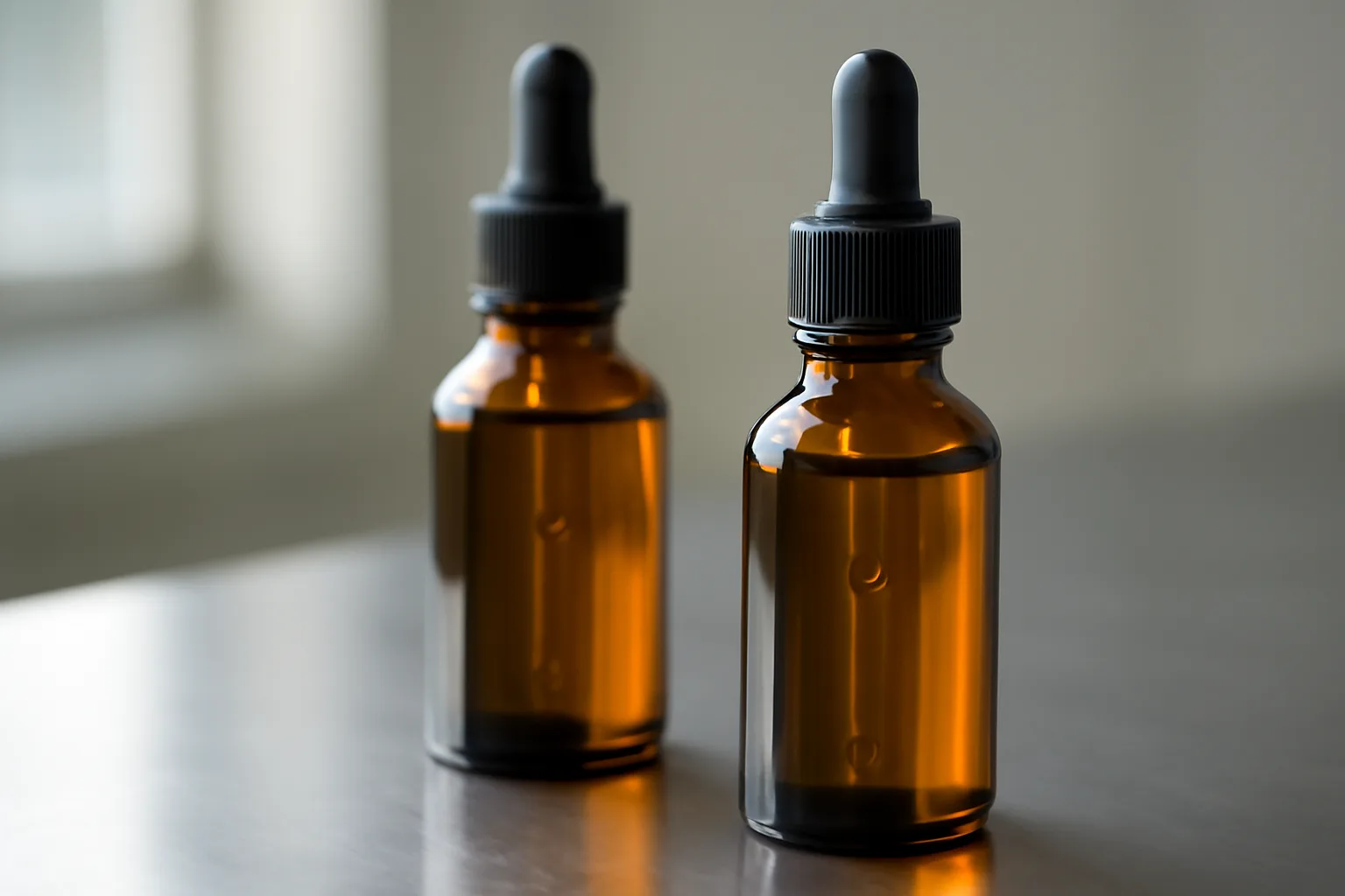 Two unlabeled amber dropper bottles on a steel bench comparing copper PCA and copper peptides