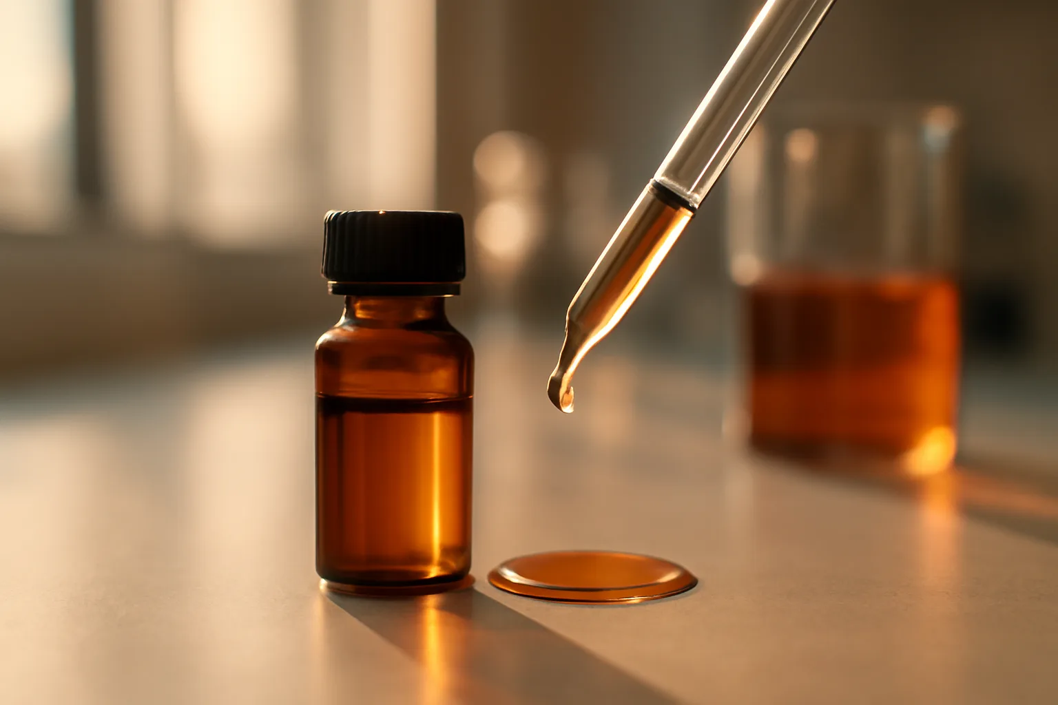 Amber vial and pipette on lab bench, evoking copper peptide versus argireline research comparison