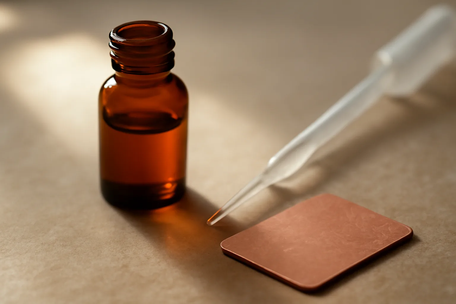Amber glass vial and pipette on a lab bench representing copper peptide research