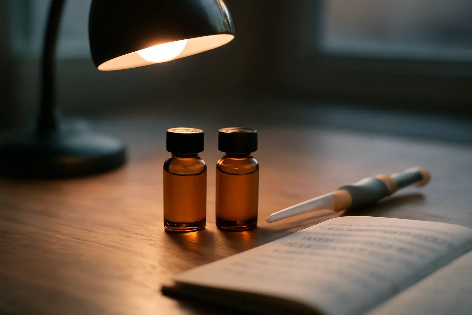 Two amber vials on a lab bench comparing copper peptide vs multi peptide formulations