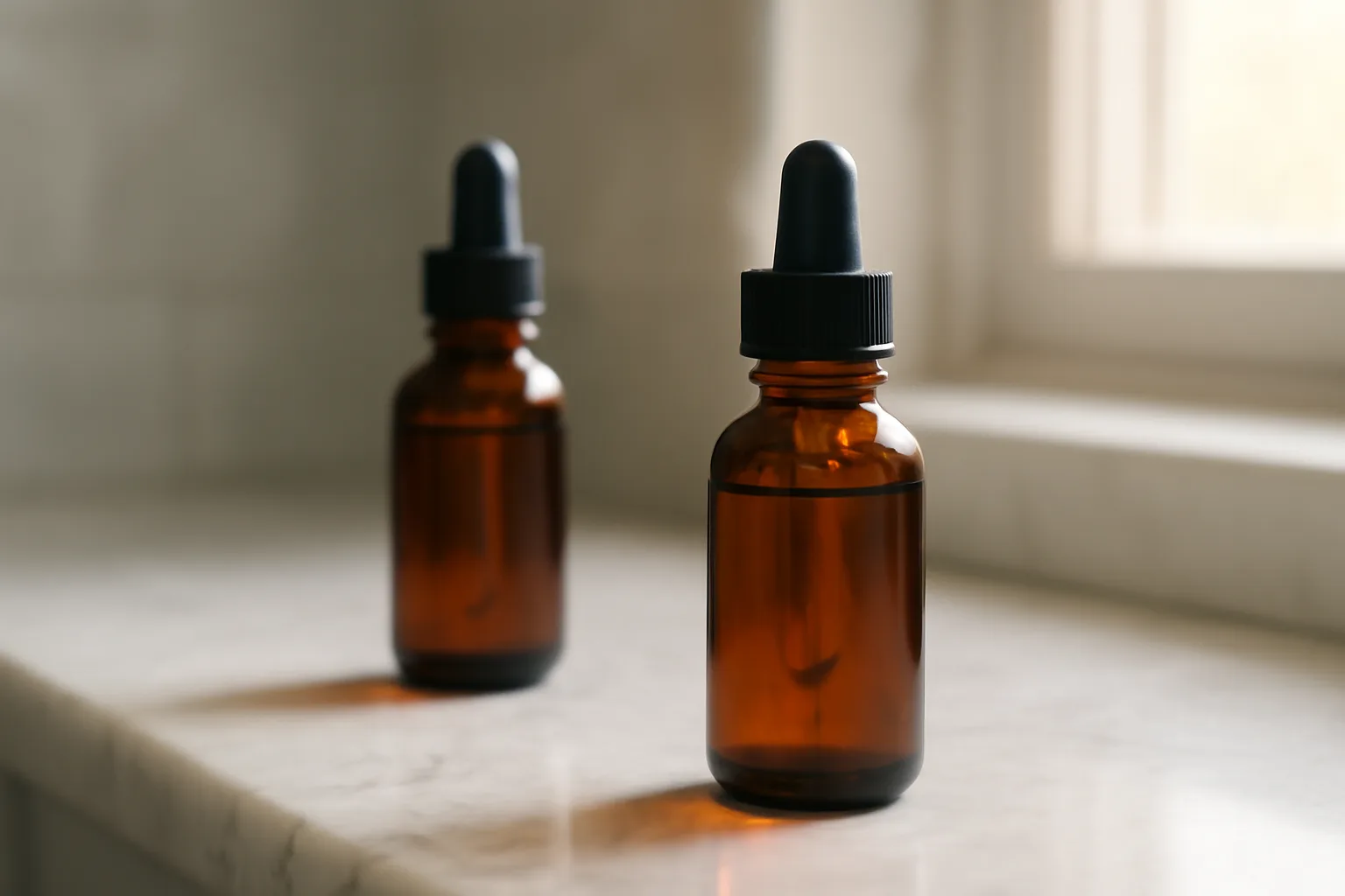Two unlabeled serum bottles on a counter representing copper peptide vs niacinamide comparison
