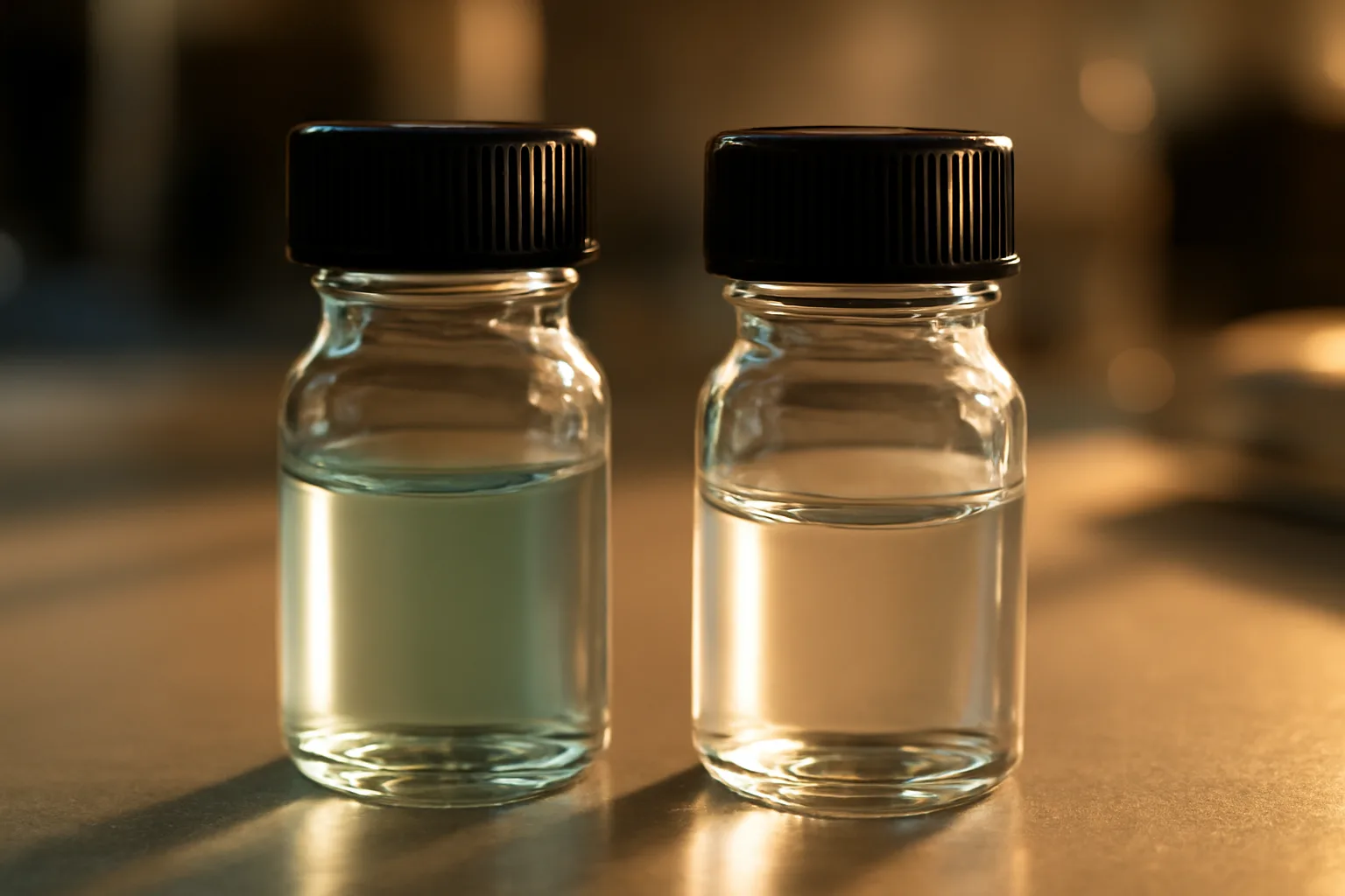 Two unlabeled glass vials on a lab bench comparing copper peptide and peptide formulations