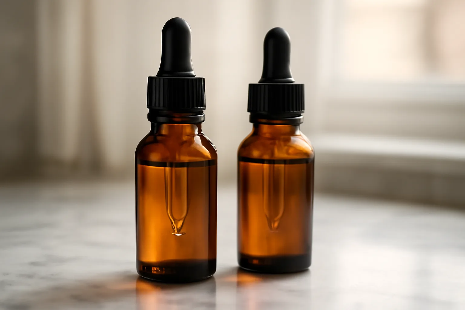 Two serum bottles on a counter representing copper peptides before or after hyaluronic acid layering