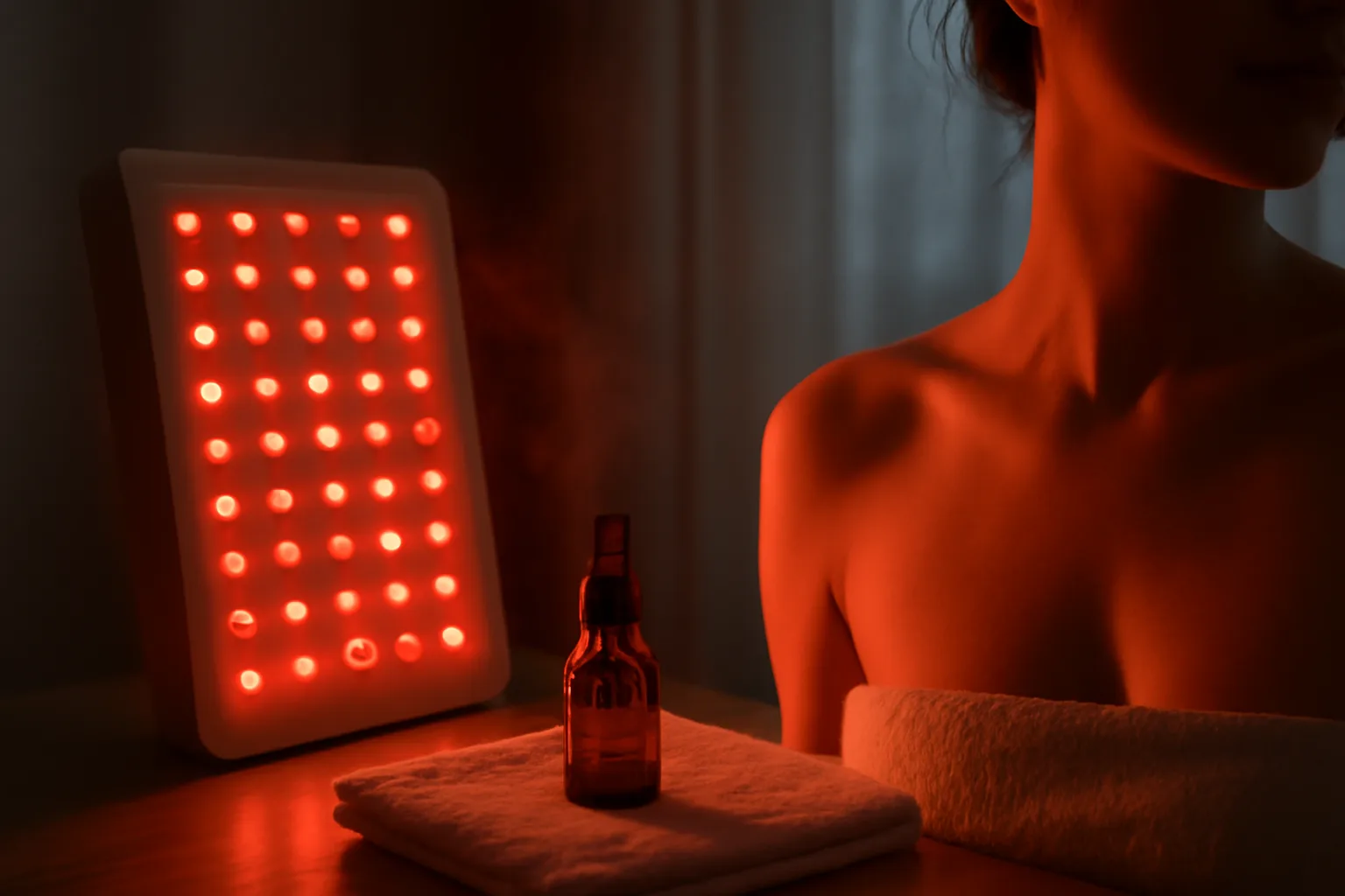 Red light therapy panel glowing beside an amber serum bottle on a towel