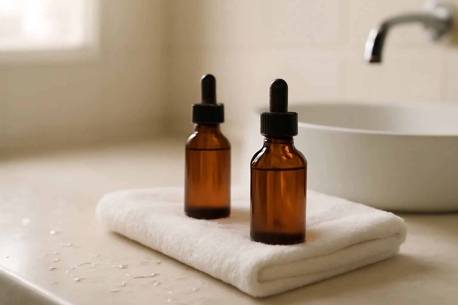 two separate amber serum bottles on a bathroom counter in morning light