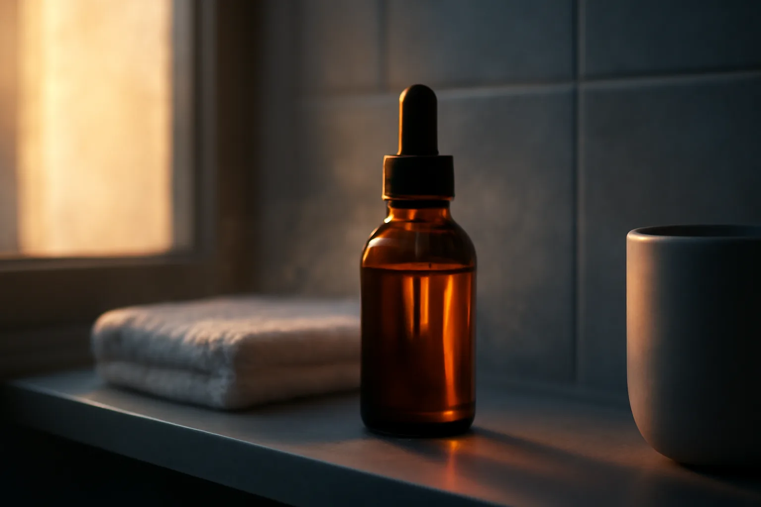 Amber dropper bottle on bathroom shelf lit by both daylight and evening shadow