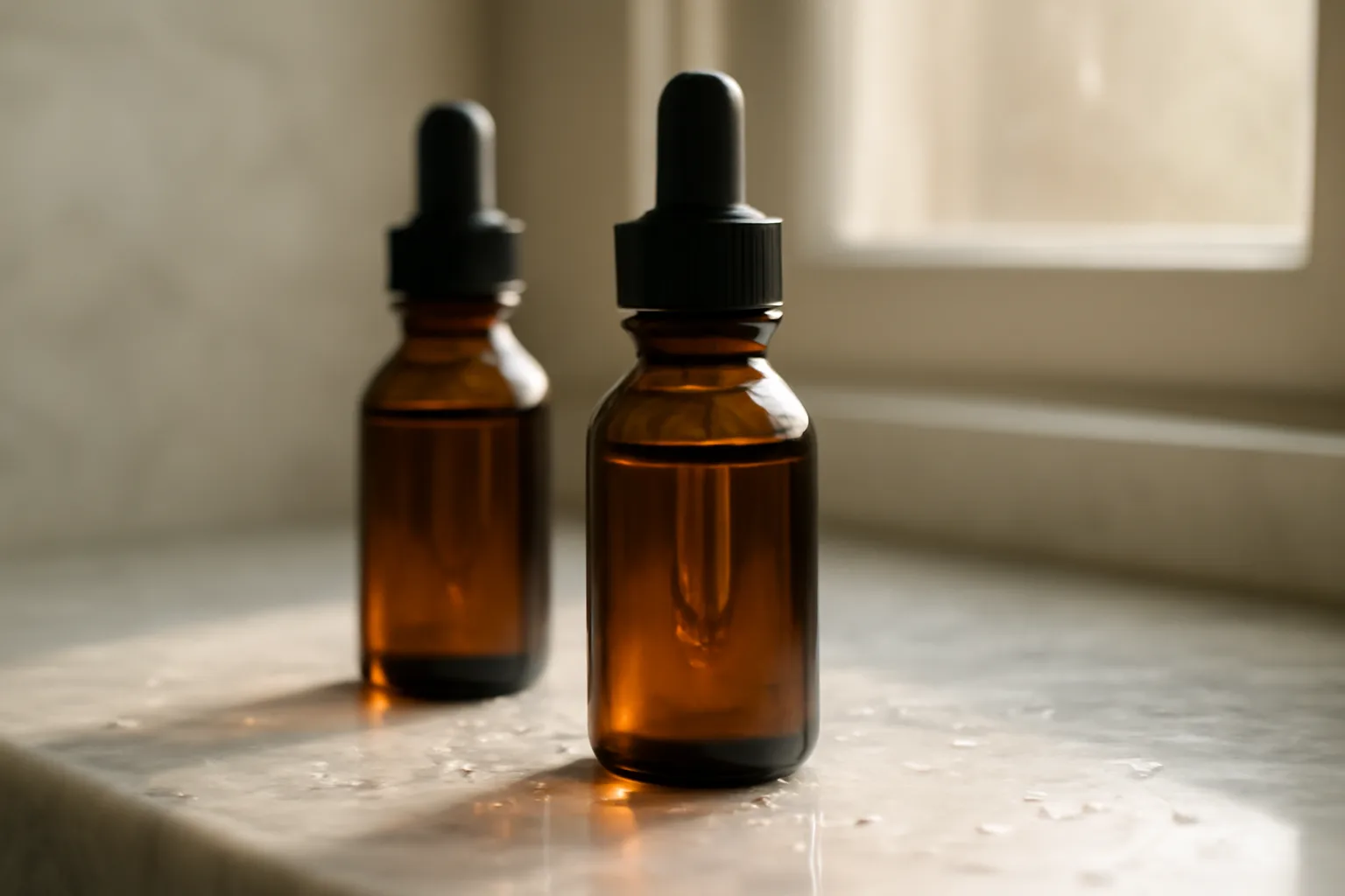two unlabeled serum dropper bottles on a bathroom counter in morning light