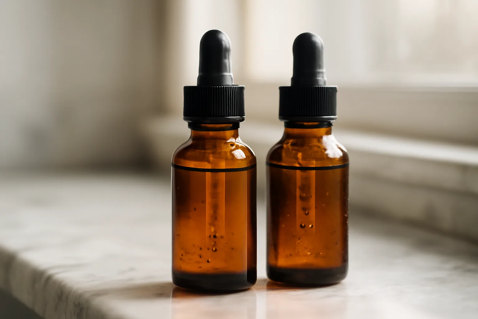 Two dropper serum bottles on a counter representing copper peptide and niacinamide layering order