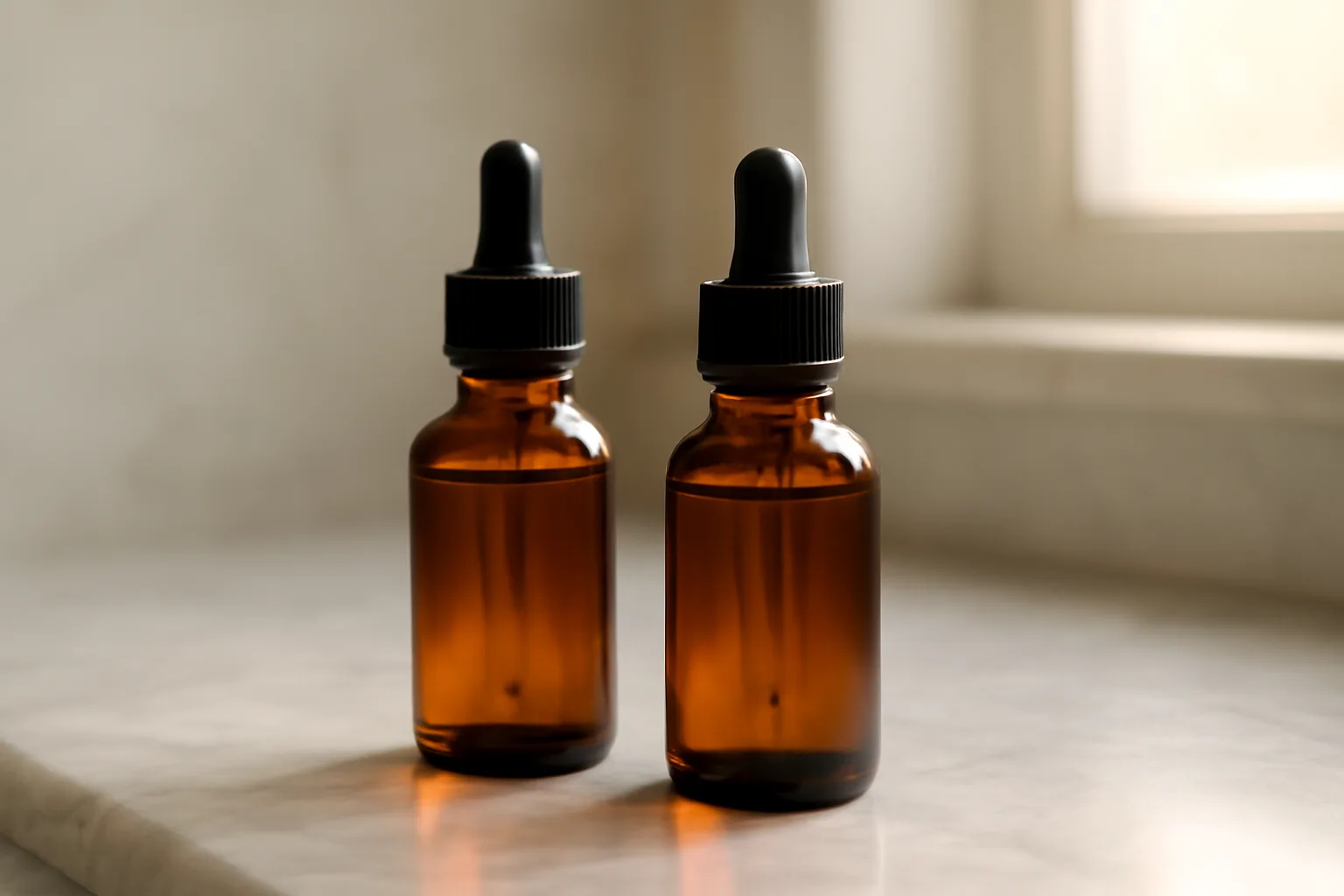 Two unlabeled serum dropper bottles on a counter, comparing copper peptides or retinol