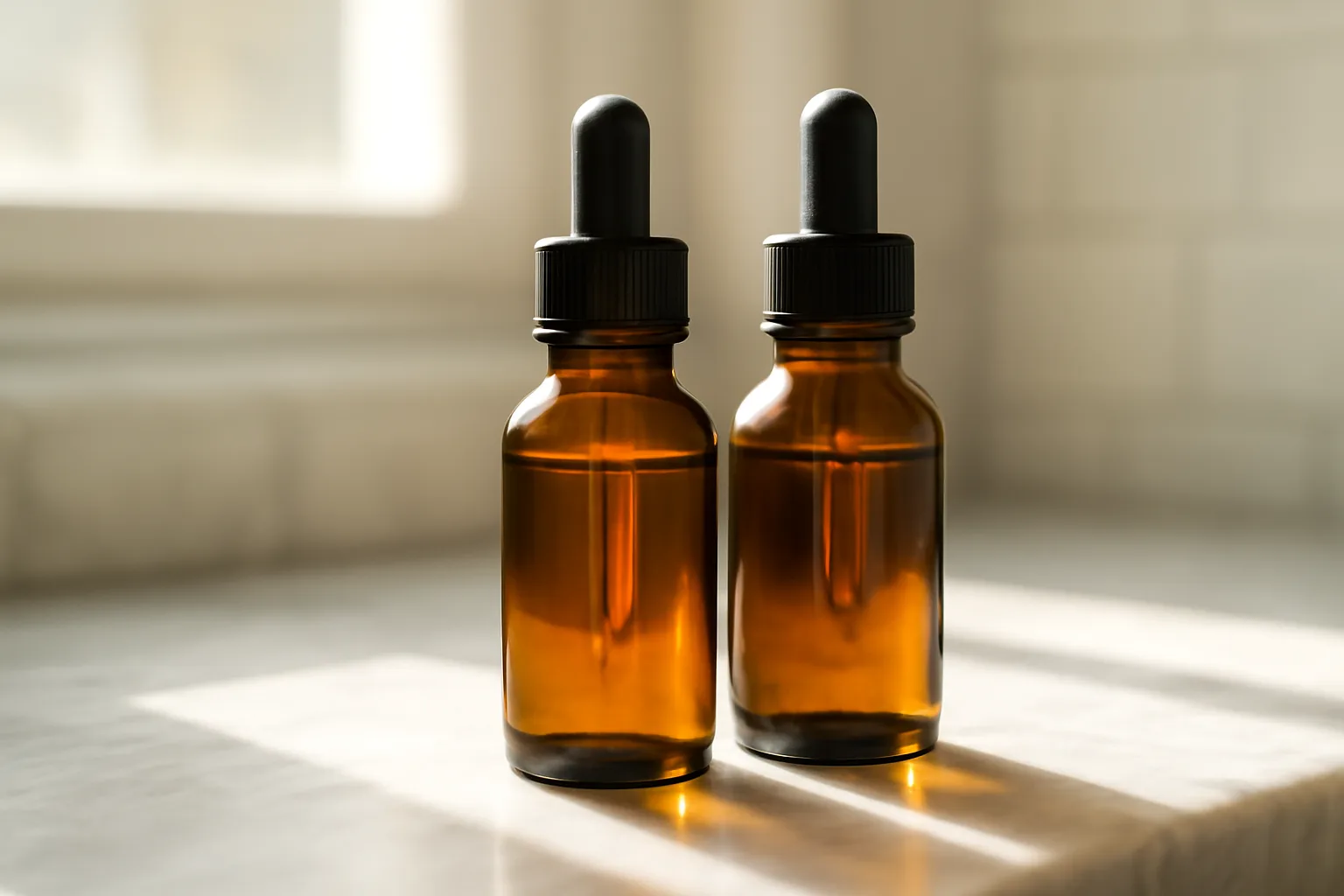 Two unlabeled dropper bottles representing copper peptide and vitamin c serums on a counter