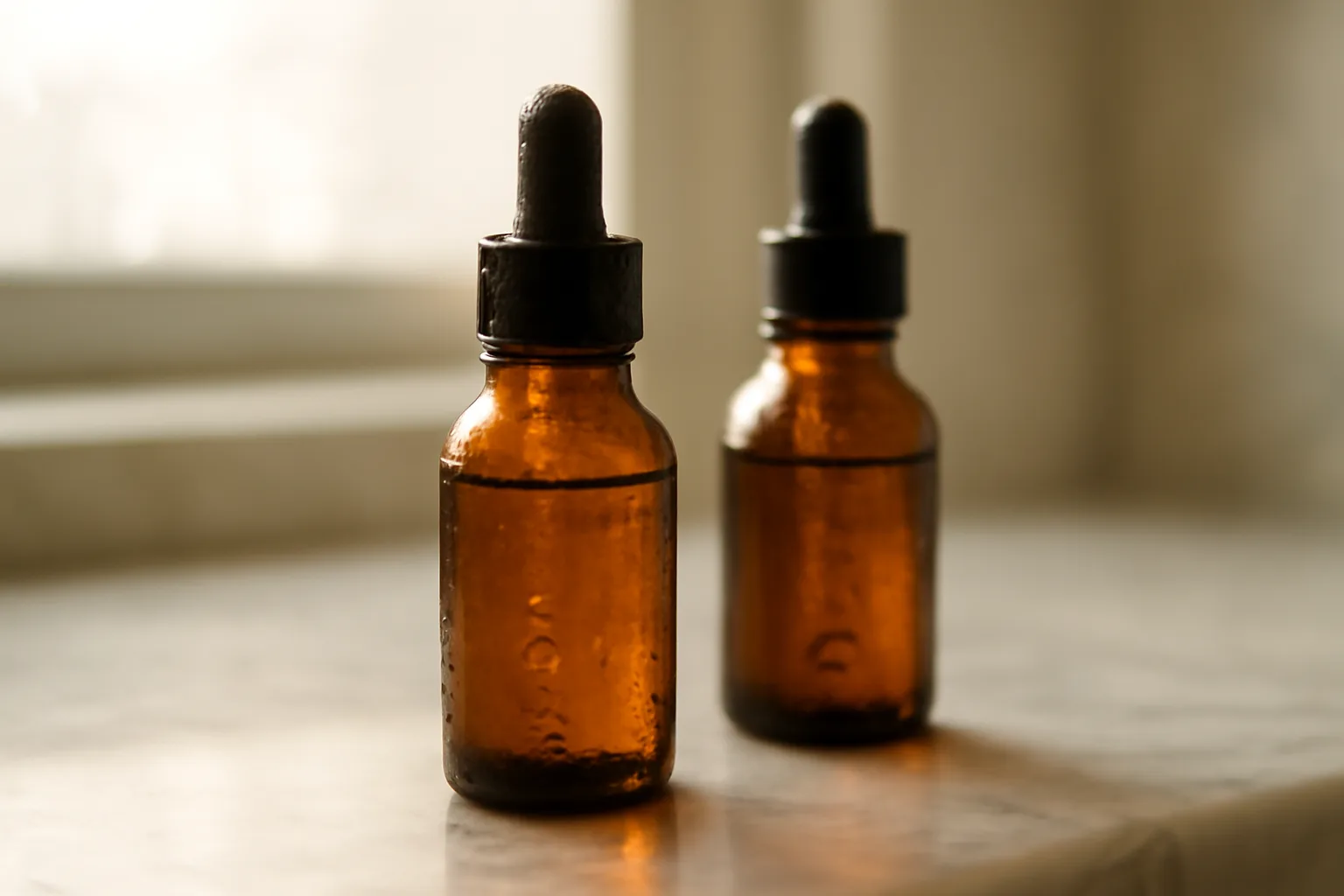 Two unlabeled amber dropper bottles representing copper peptide and argireline serums