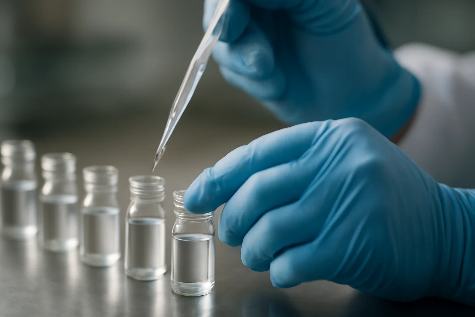 Gloved hands pipetting liquid into glass vials, illustrating copper peptide versus growth factor lab research