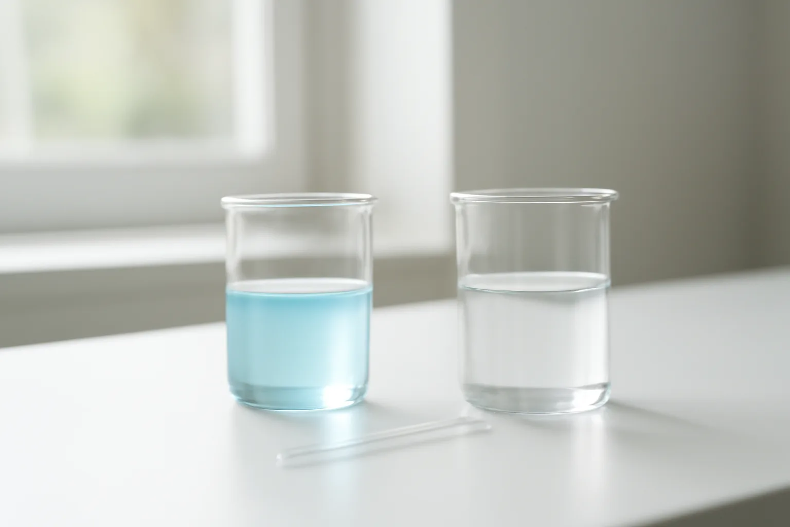 Two laboratory beakers with liquids representing copper peptide and hyaluronic acid comparison