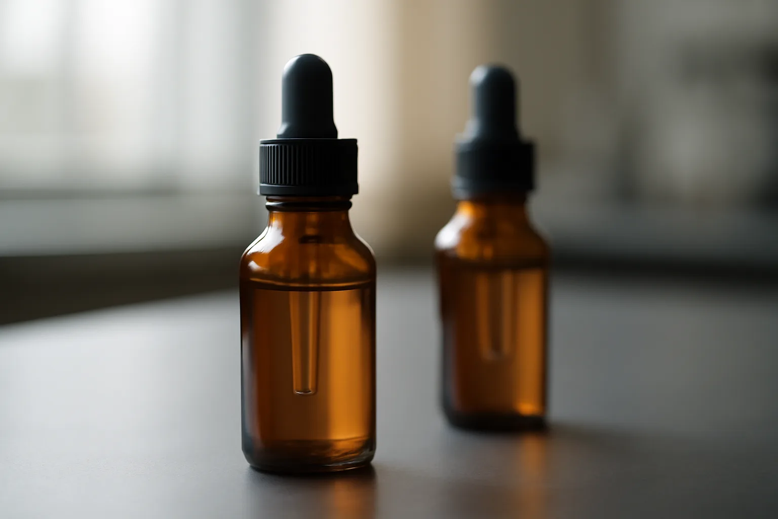 Two unlabeled amber serum dropper bottles side by side on a lab bench