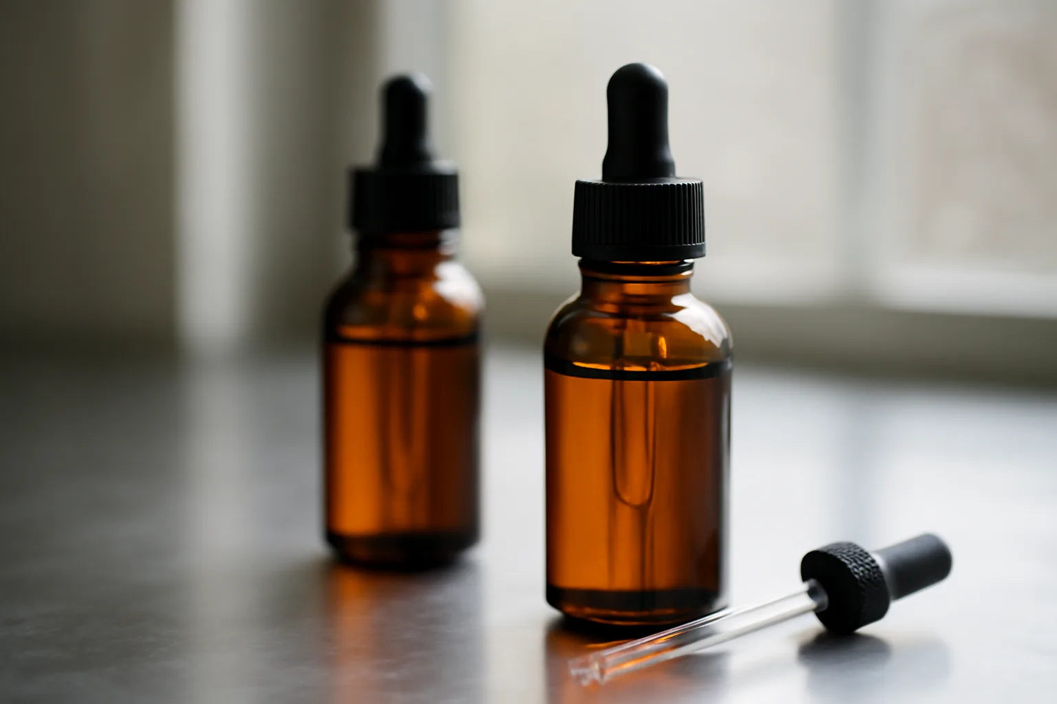 Two unlabeled amber serum bottles on a lab bench representing copper peptides vs matrixyl comparison