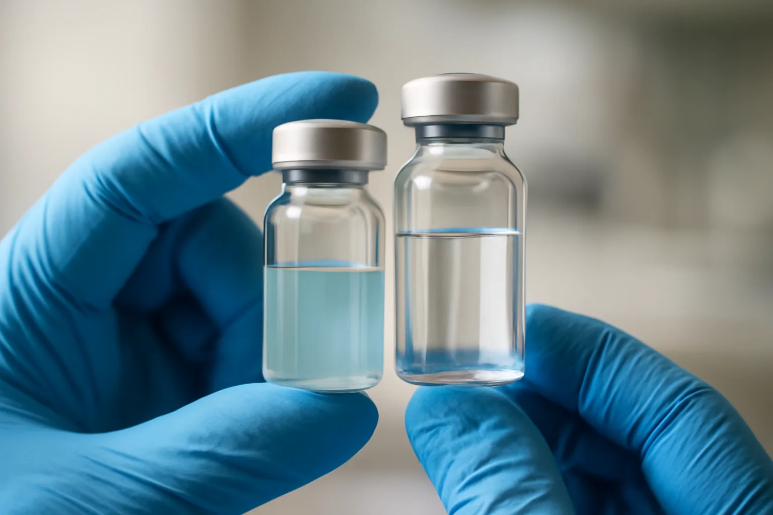 lab hands comparing a blue-tinted copper peptide vial against a clear peptide vial