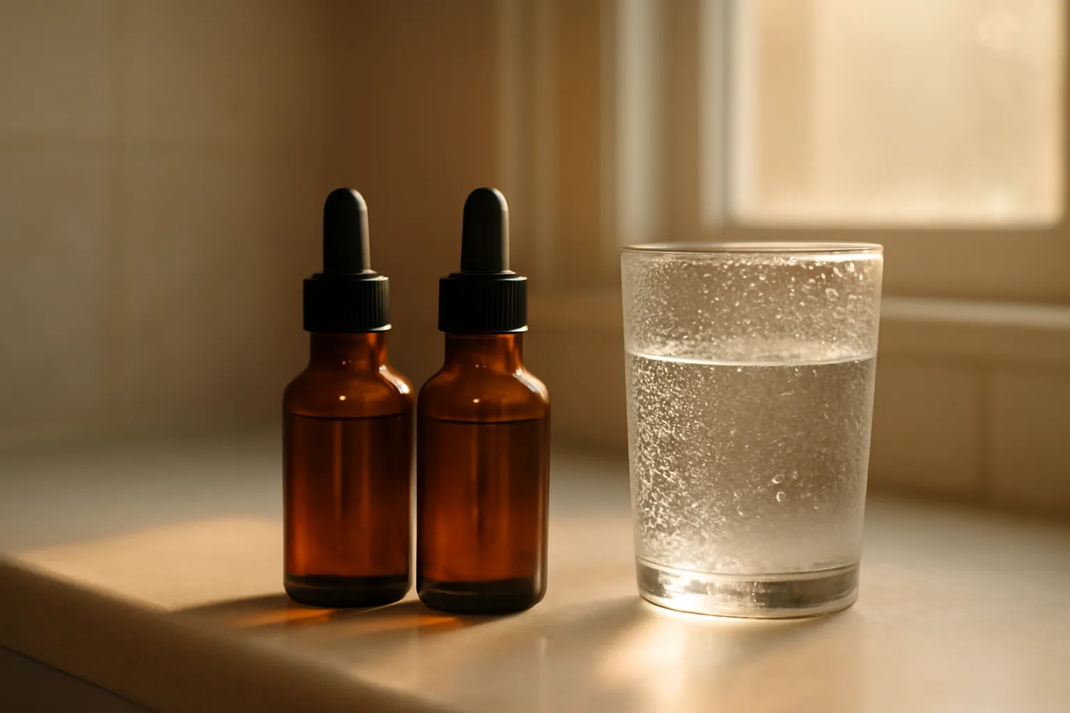 Two unlabeled serum bottles on a counter representing copper peptides vs retinol comparison