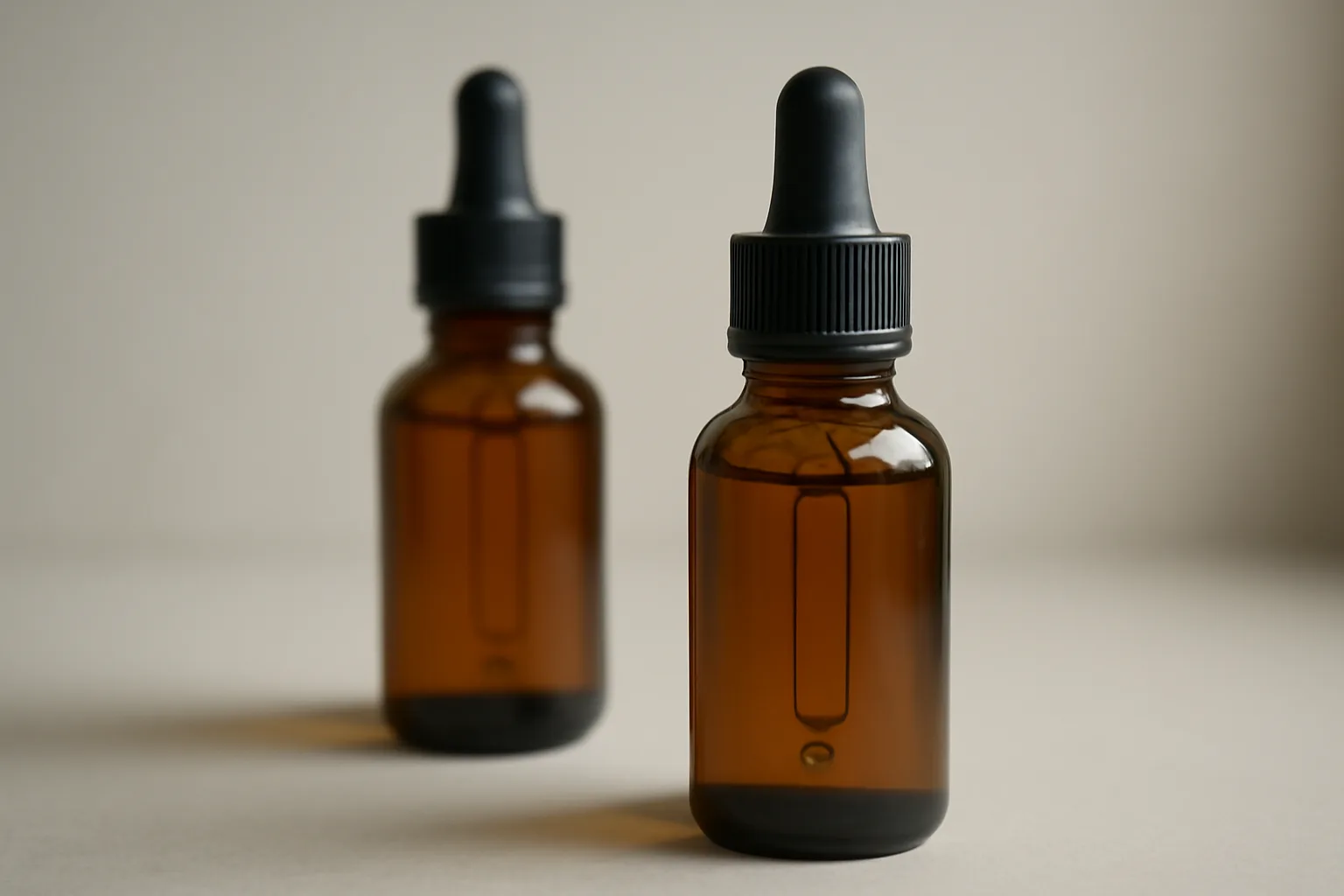 Two unlabeled dropper bottles compared side by side under soft natural light