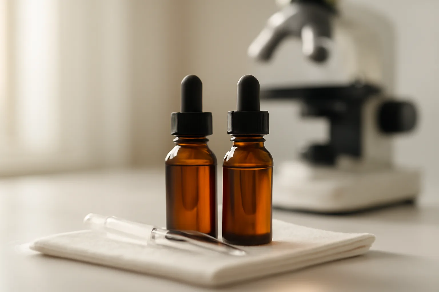 Two amber dropper bottles on a lab bench representing copper peptide and vitamin C serums