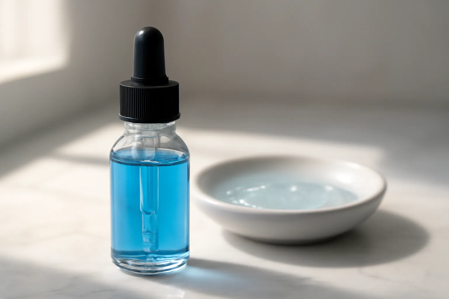 Blue copper peptide serum bottle beside snail mucin gel dish on marble counter