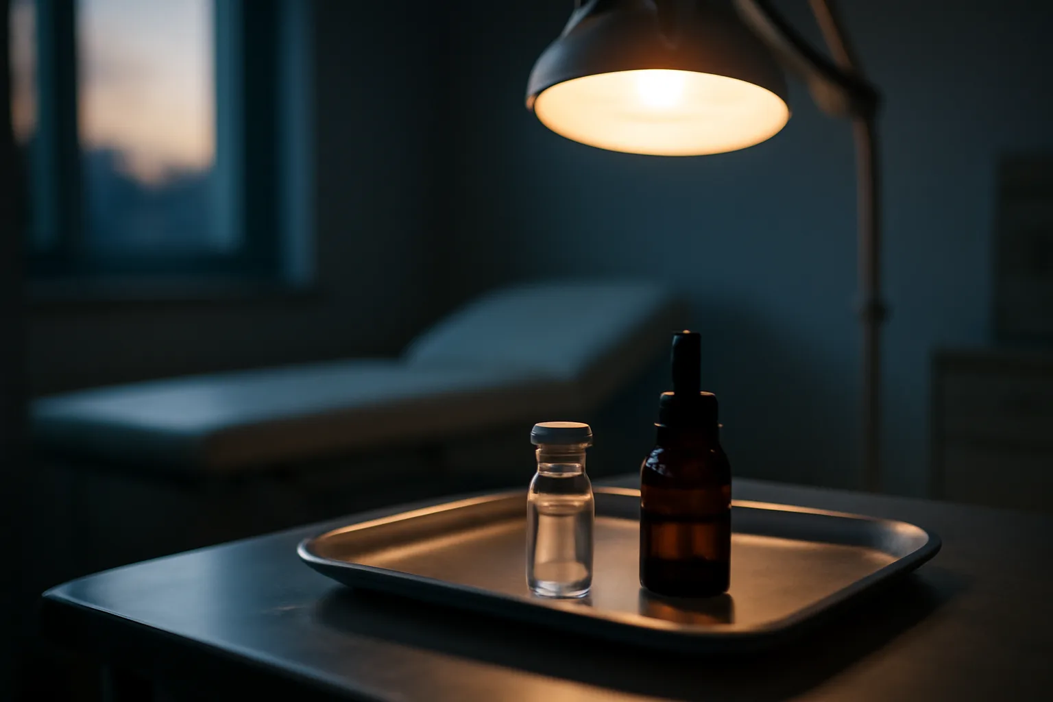 Glass vial and dropper bottle on a steel tray, comparing injectable and topical delivery