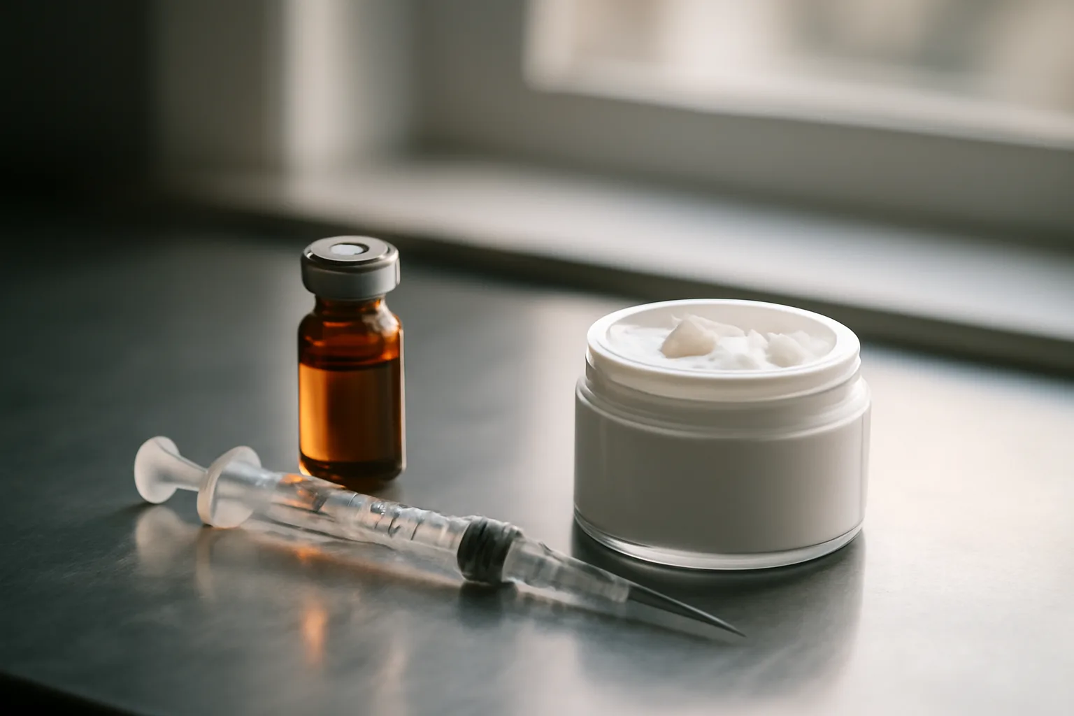 Amber vial, syringe, and topical cream jar on a lab bench comparing GHK-Cu delivery routes