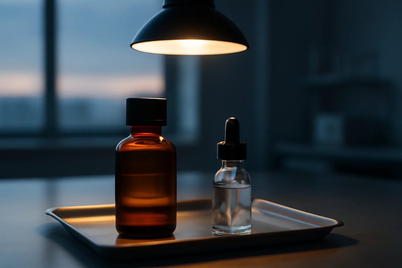 Amber vial and dropper bottle representing topical versus injectable GHK-Cu peptide routes