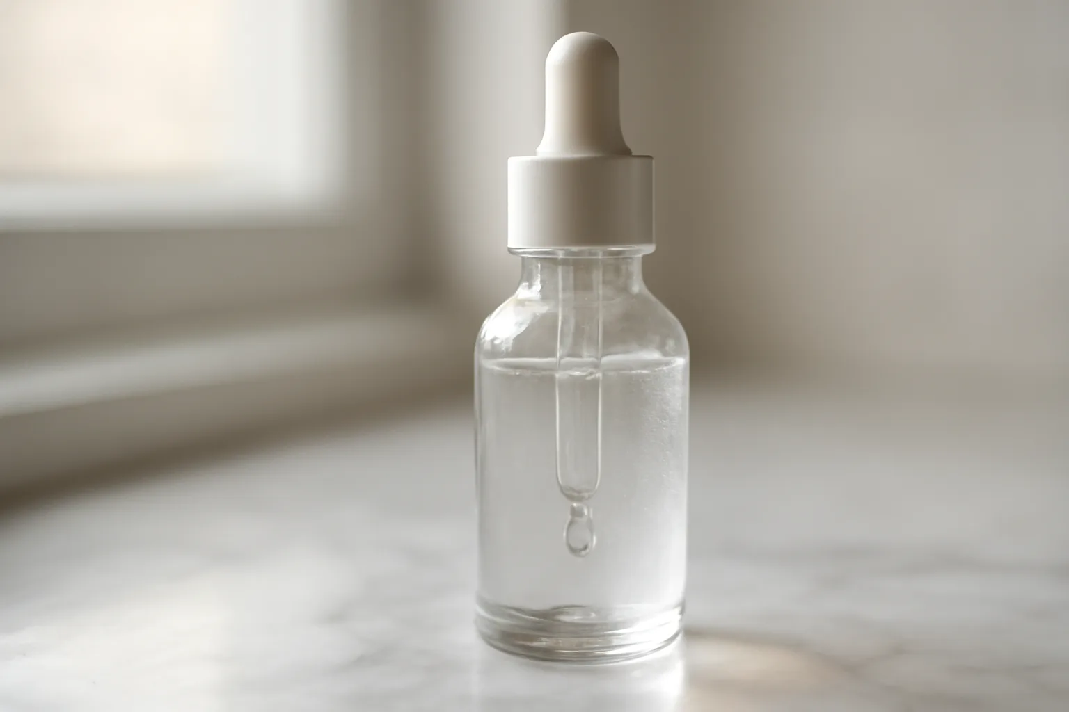 Dropper bottle of clear serum on marble counter, comparing glow peptide serum and GHK-Cu ingredient
