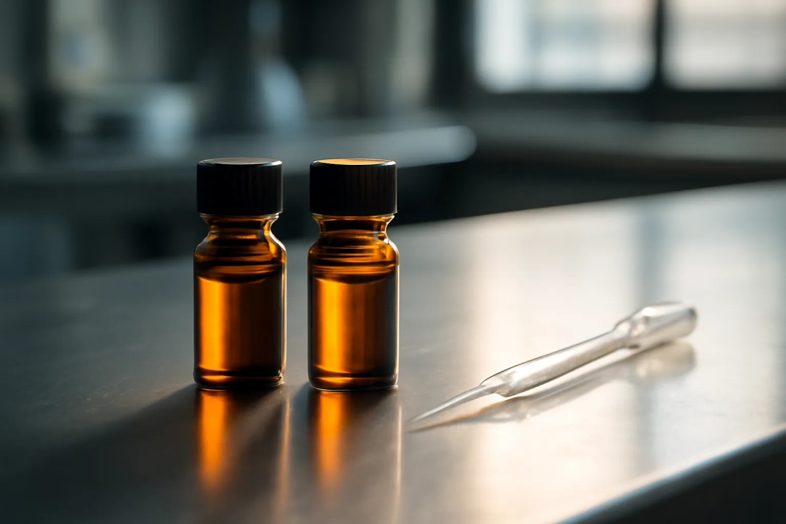 Two unlabeled amber vials on a lab bench representing growth factors vs copper peptides research